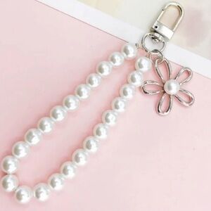 Pearl Beaded Wristlet Keychain / Purse Charm with Silver Flower